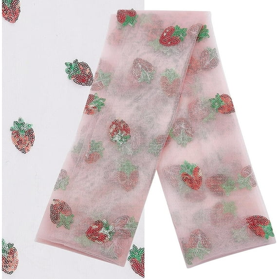 2Yard 64.4 Inch Width Embroidered Strawberry Mesh Lace Fabric Beading Sequin Sewing Lace Trim Fabrics Embroidery Applique Ribbons for DIY Handmade Clothing Accessories Embellishments Pink