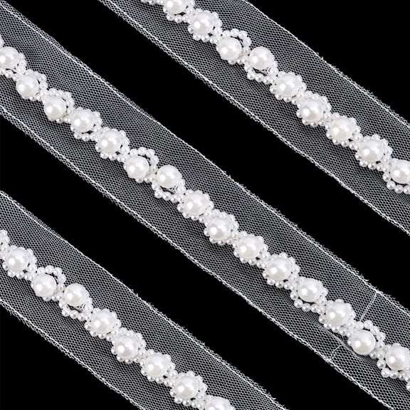2Yards Netting Fabric Beaded Trim Ribbon with Imitation Pearl White 1-5/8 inch(40mm)