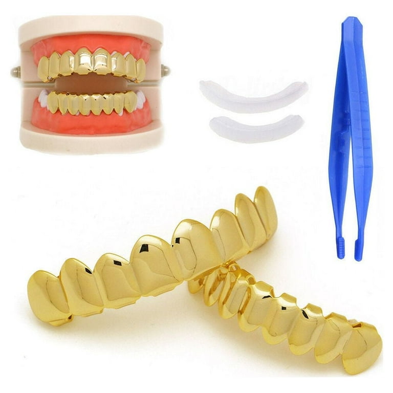 8 Piece, 14k Gold Plated Grillz, Gold CZ Grillz, buy Top and Bottom Grillz Set