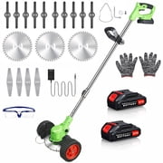 G · PEH 21V Cordless String Trimmer and Wheeled Lawn Edger, 3-in-1 Battery Powered Weed Eater with 2 Batteries, 3 Types of Blades for Garden Grass Trimming