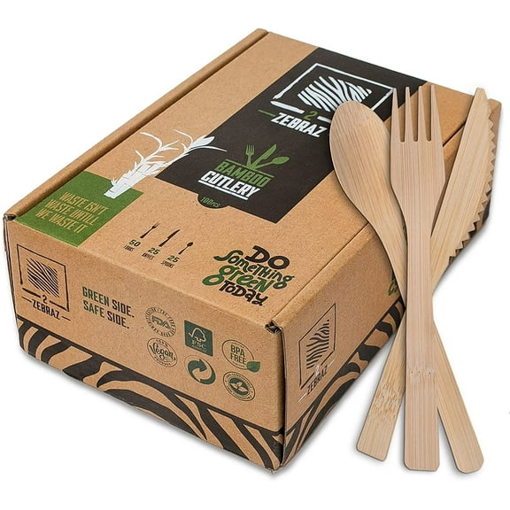 2ZEBRAZ Bamboo Cutlery Set  100 Disposable Utensils (50 Forks, 25 Knives, 25 Spoons) | Reusable Smooth Flatware, Heavy-Duty Natural Tableware for Parties, Catering & Dining
