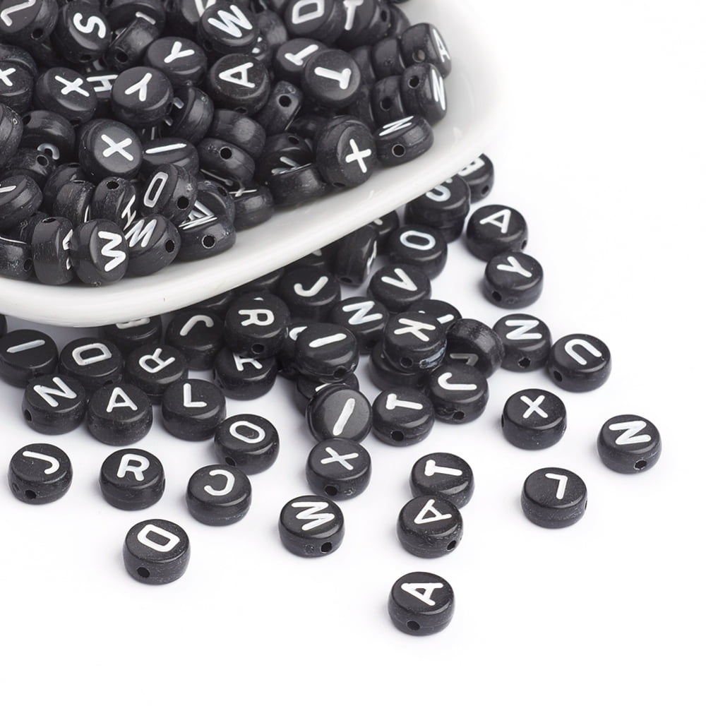 2bags Acrylic Horizontal Hole Letter Beads Mixed Letters A to Z double-side pattern Flat Round Black 7x4mm Hole: 1mm