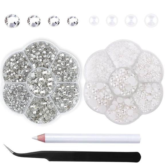 2box Rhinestones Half Pearls Beads for Crafts-Clear face Rhinestone gems Makeup Eye Jewels Tooth Diamonds-Flat Back White Nail Pearls Stones Crystals Charms-Crafting Shoes Cloth with Wax Pen Tweezers