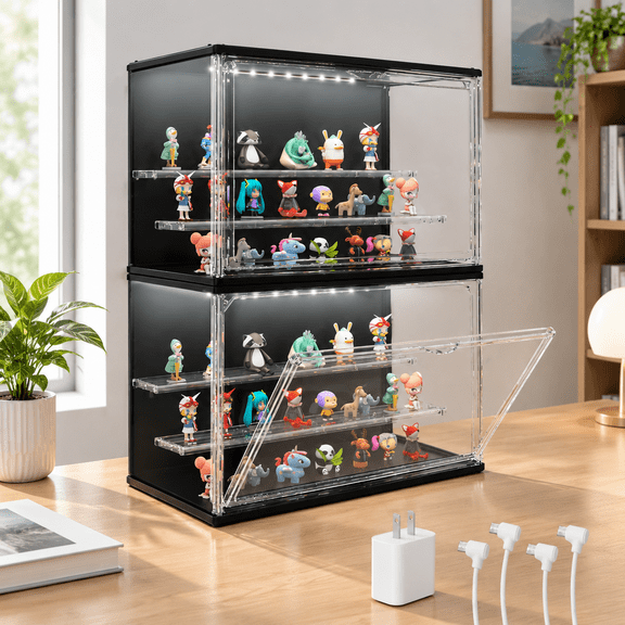 2clear Display Case For Collectibles 3-tier Adjustable With Led Light Stackable Storbinsic Door (black)
