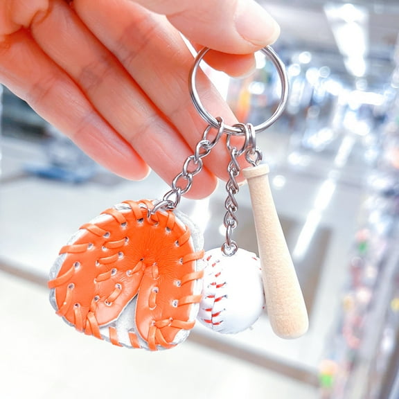 2cm baseball keychain three piece pendant gift, baseball three in one fashionable car pendant souvenir - style：White Orange；