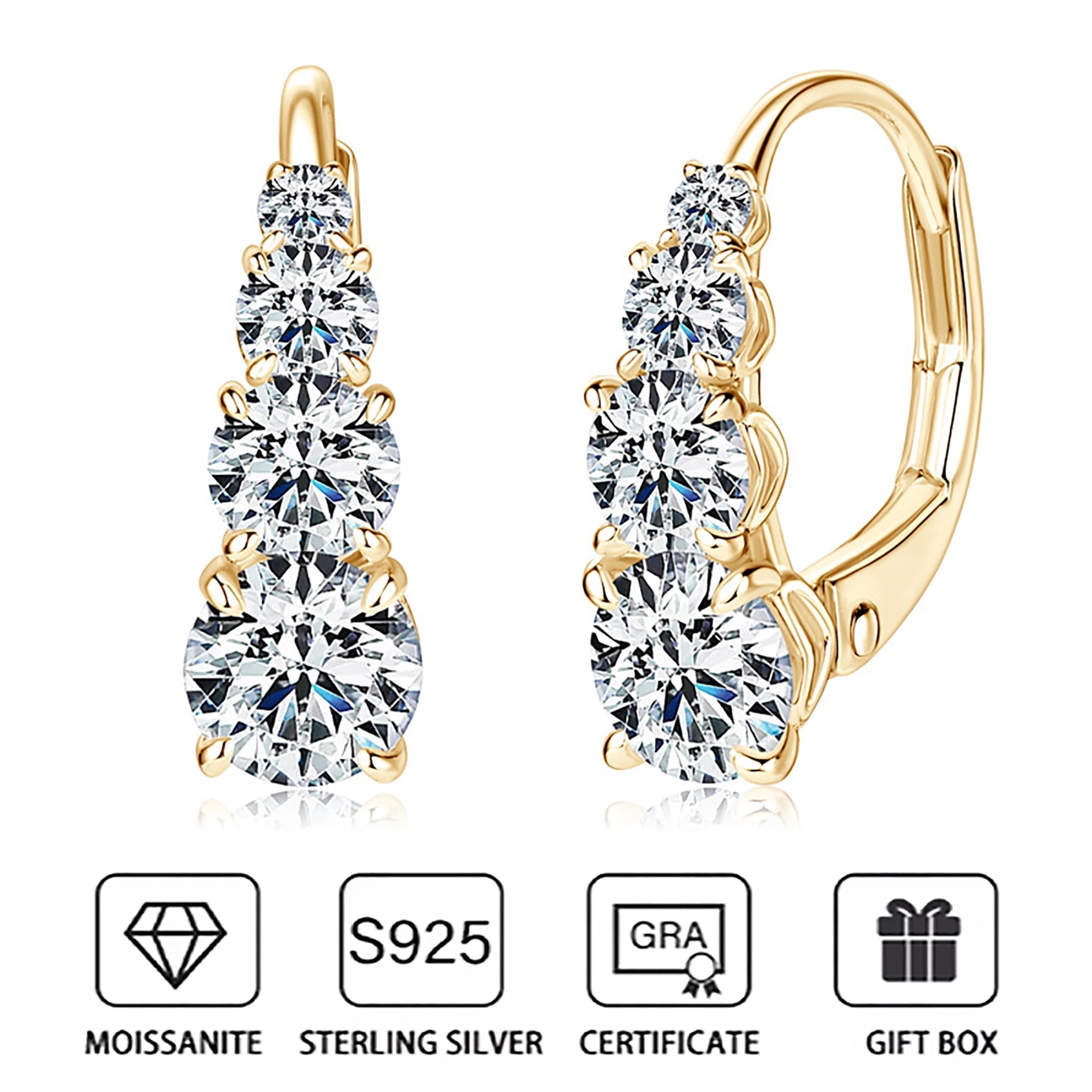 2ct FULL Moissanite Hoop Earrings, 925 Sterling Silver Hypoallergenic Leverback Drop Earrings for Women, D Color VVS1 Lab Created Diamond Round Cut Jewelry Gifts