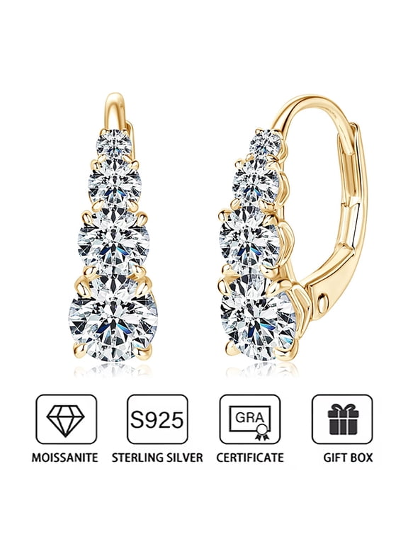 2ct FULL Moissanite Hoop Earrings, 925 Sterling Silver Hypoallergenic Leverback Drop Earrings for Women, D Color VVS1 Lab Created Diamond Round Cut Jewelry Gifts