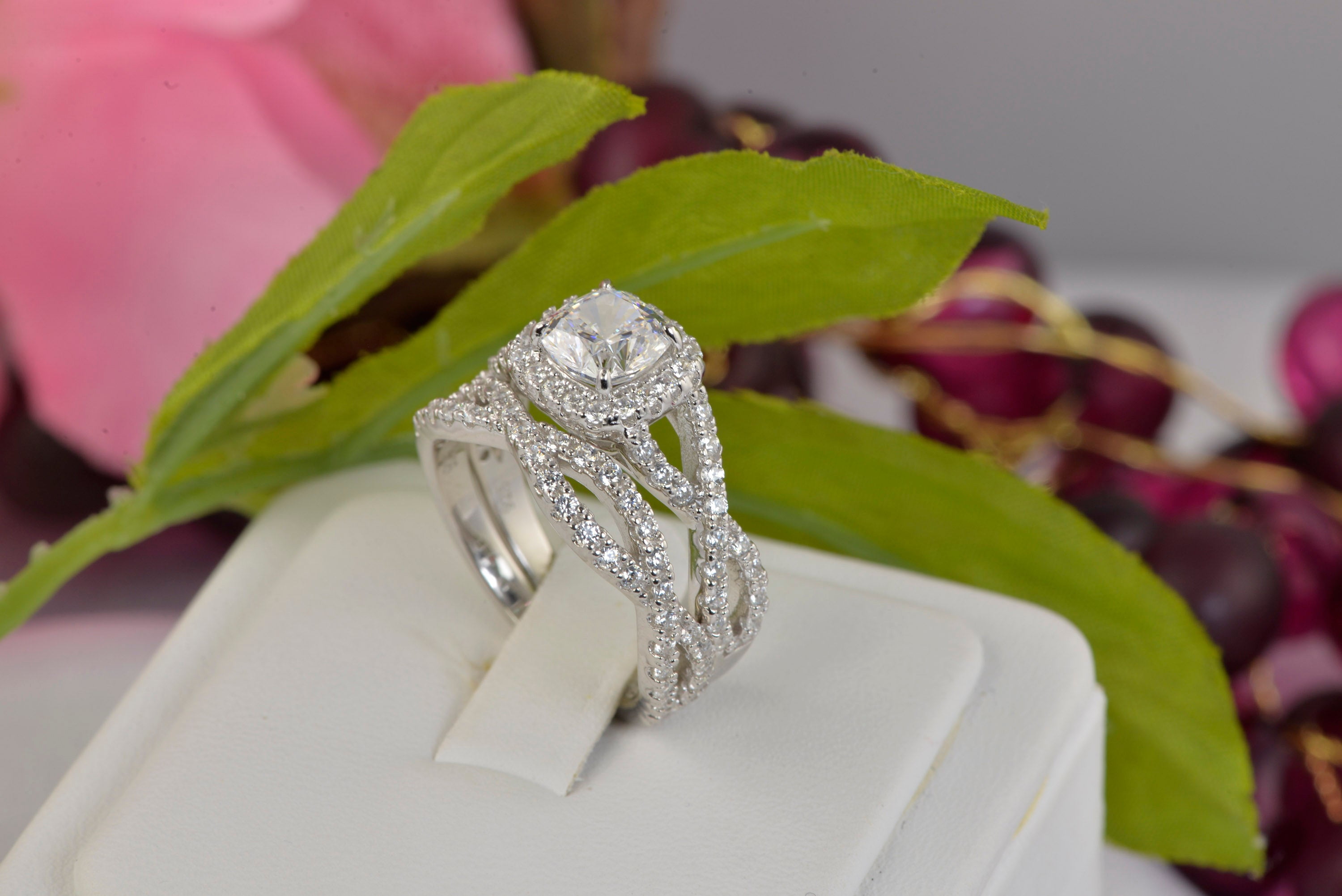 2ct Halo Cushion Cut with Twisted Band Bridal Wedding Engagement