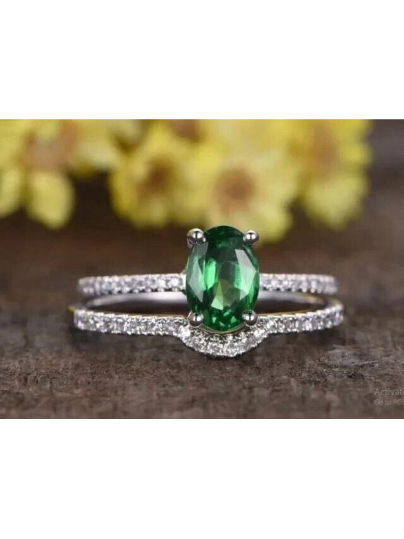2ct Oval Cut Lab-Created Emerald Women Bridal Ring Set 14k White Gold Plated 925 Sterling Silver