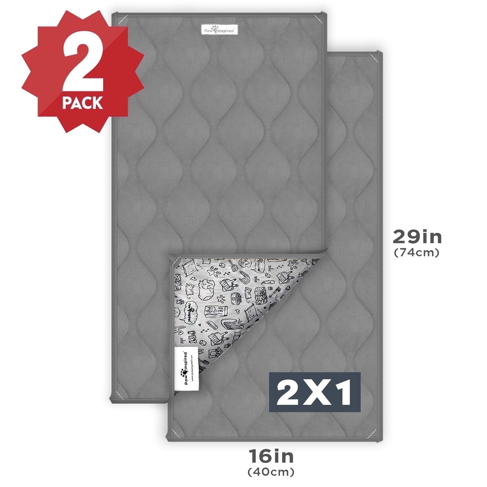 2ct Paw Inspired Guinea Pig Cage Liner Sweep-EZ Fleece Bedding 29x16 in, Washable Waterproof Pee Pads for Small Animals (Gray)
