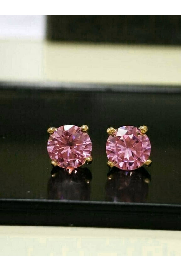 2ct Round Cut Lab-Created Pink Diamond Solitaire Stud Earrings 14K Yellow Gold Plated