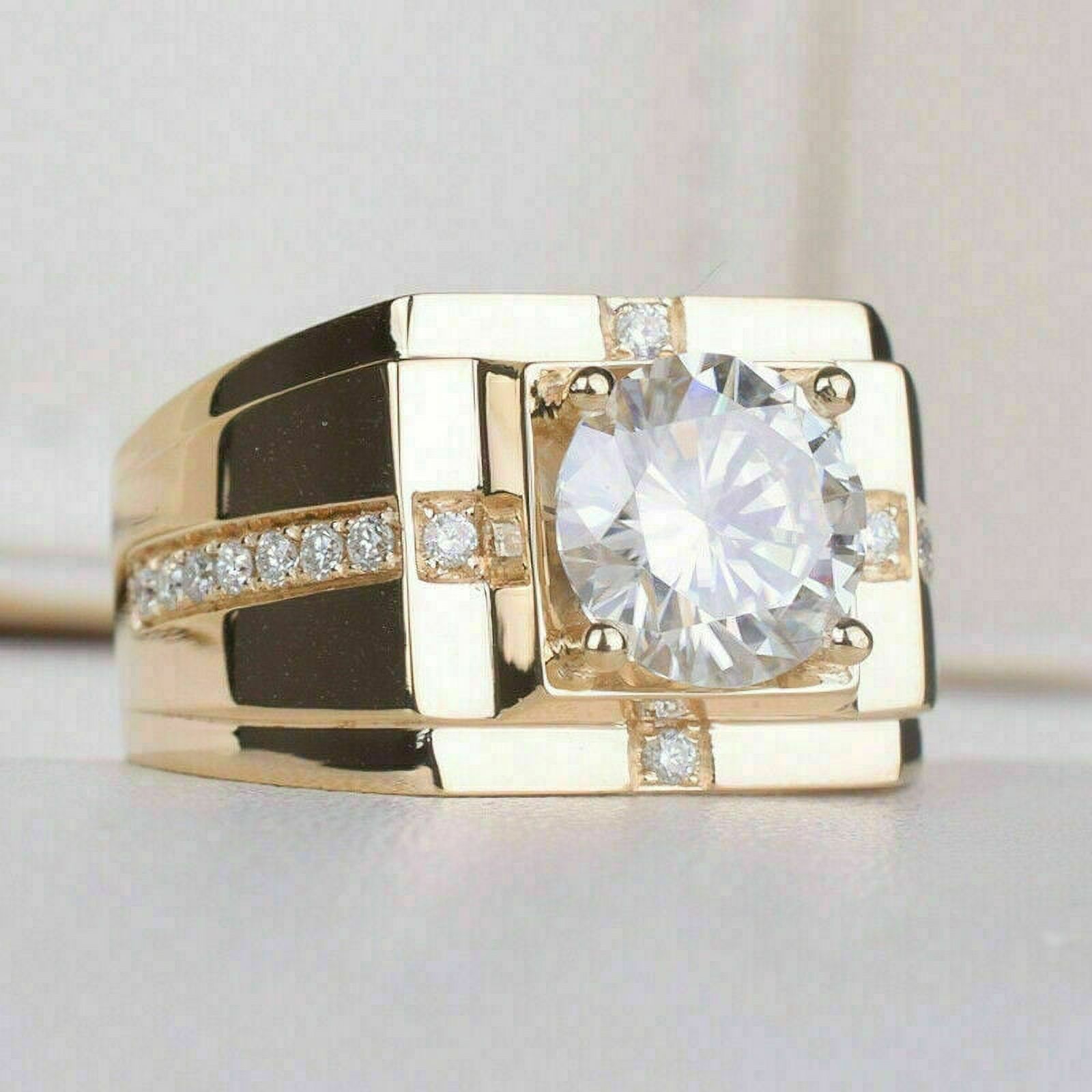 2ct Round Cut Moissanite Mens Ring 14k Yellow Gold Finish Silver ...