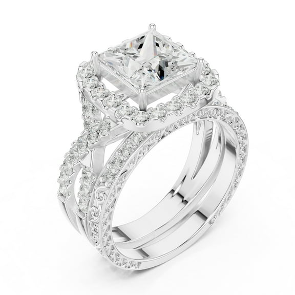 2ct Square Moissanite Wedding Ring Set - Vintage Inspired Halo – Twisted Band with Pave Accents in 18K White Gold over Silver