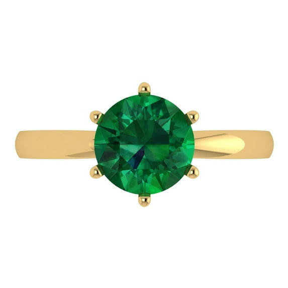 Clara Pucci 14K Yellow Gold Solid Gold Emerald Solitaire Anniversary Ring for Women - 2 cttw Round Cut