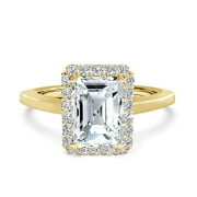 2ctw Emerald Cut Cubic Zirconia Halo Engagement Ring for Women with AAA CZ in Yellow Gold Plating, Size 5-10