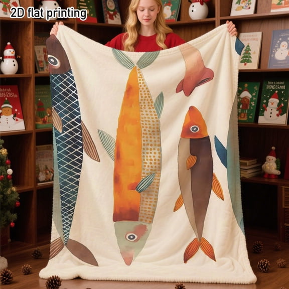 2d Flat 1pc Whimsical Colorful Fish Cozy Throw Blanket, Cute Cartoon Fish Pattern, Perfect for Lazy Sofa Afternoons, Cozy Bedroom Naps, Coastal Themed Home Decor, for Families, Travel Enthusiasts