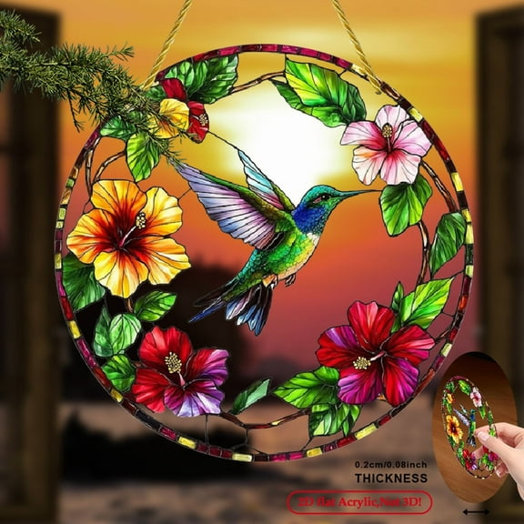 2d Flat Printing, 1pc, Charming Hummingbird Acrylic Suncatchers (8 Inches X 8 Inches), Animal Theme Decoration, Indoor Hanging Decoration for Living Room, Window, Kitchen, Farmhouse, Office