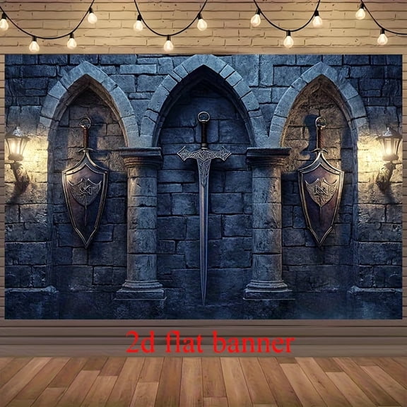 2d Flat tapestry, Medieval Castle Stone Wall Backdrop With Swords - Gothic Photography Background, Dark Blue Durable Parties Goth Accessories, Cosplay Prop, Arched Window Design, Portable Design