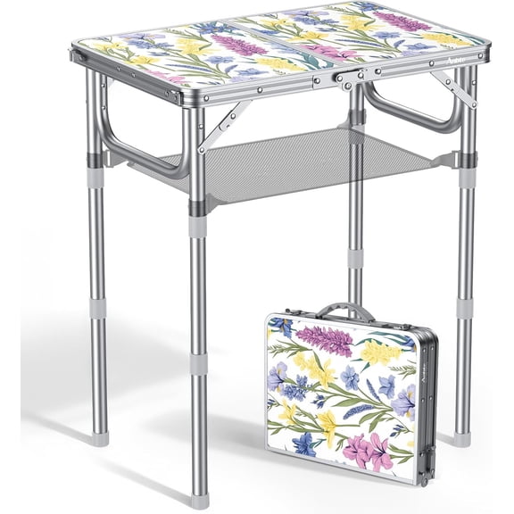 2ft 3-Height Adjustable Folding Camping Table with Storage Net & Carry Handle, Lightweight Portable Desk for BBQ Beach RV Indoor Outdoor, Blooming Floral