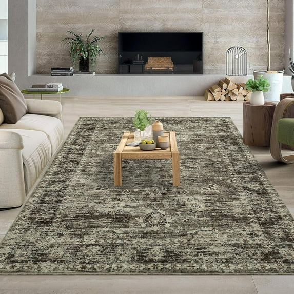 2ft*6ft/4*6ft/5ft*7ft/8ft*10ft/9ft*12ft Washable Rugs, Rug Distressed Vintage for Living Room Bedroom Oriental Floral Office Rug Low Pile Neutral Soft Nursery Rug Non Slip Farmhouse Floor Cover