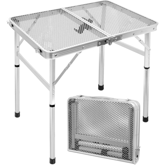 2ft Adjustable Height Silver Metal Mesh Folding Side Table with Carry Handle