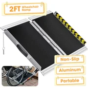 2ft Aluminum Wheelchair Ramp, 600 lbs Capacity Portable Threshold Ramp with Non-Slip Surface & Safety Side Baffles, Rust-Resistant Folding Ramp for Home Steps, Garage & Vehicle Access