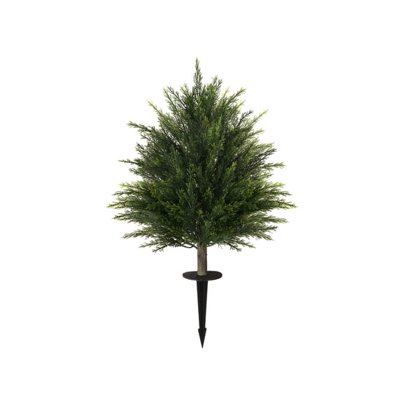 2ft Artificial Cedar Topiary Tree 1/2 Pack, Realistic Fake Evergreen Plant with Ground Spike, Indoor Outdoor Urn Filler for Front Porch Garden Christmas Holiday Decoration
