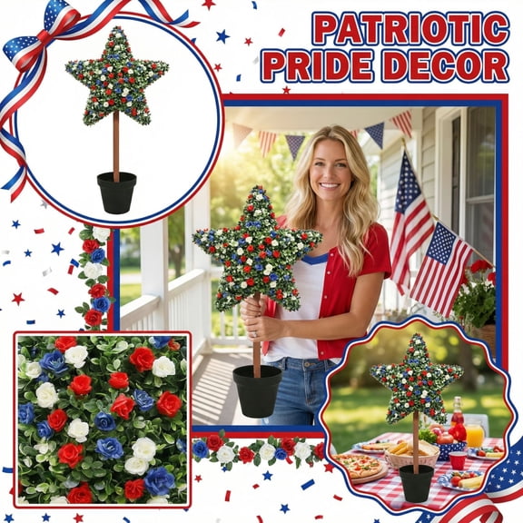 2ft Artificial Five-Pointed Star Shaped Topiary Trees, Artificial Green Boxwood Decorations, Patriotic Potted Plant Decoration, Table or Porch