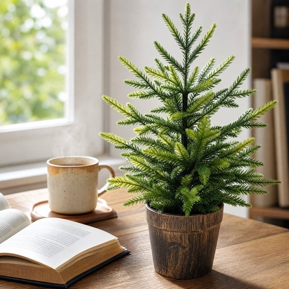 2ft Artificial Norfolk Pine Tree with Lights, UV Resistant Fake Cedar Plant for Indoor Outdoor, Pre-lit Potted Mini Christmas Tree Decor for Home Office Desk Tabletop, Realistic Faux Greenery