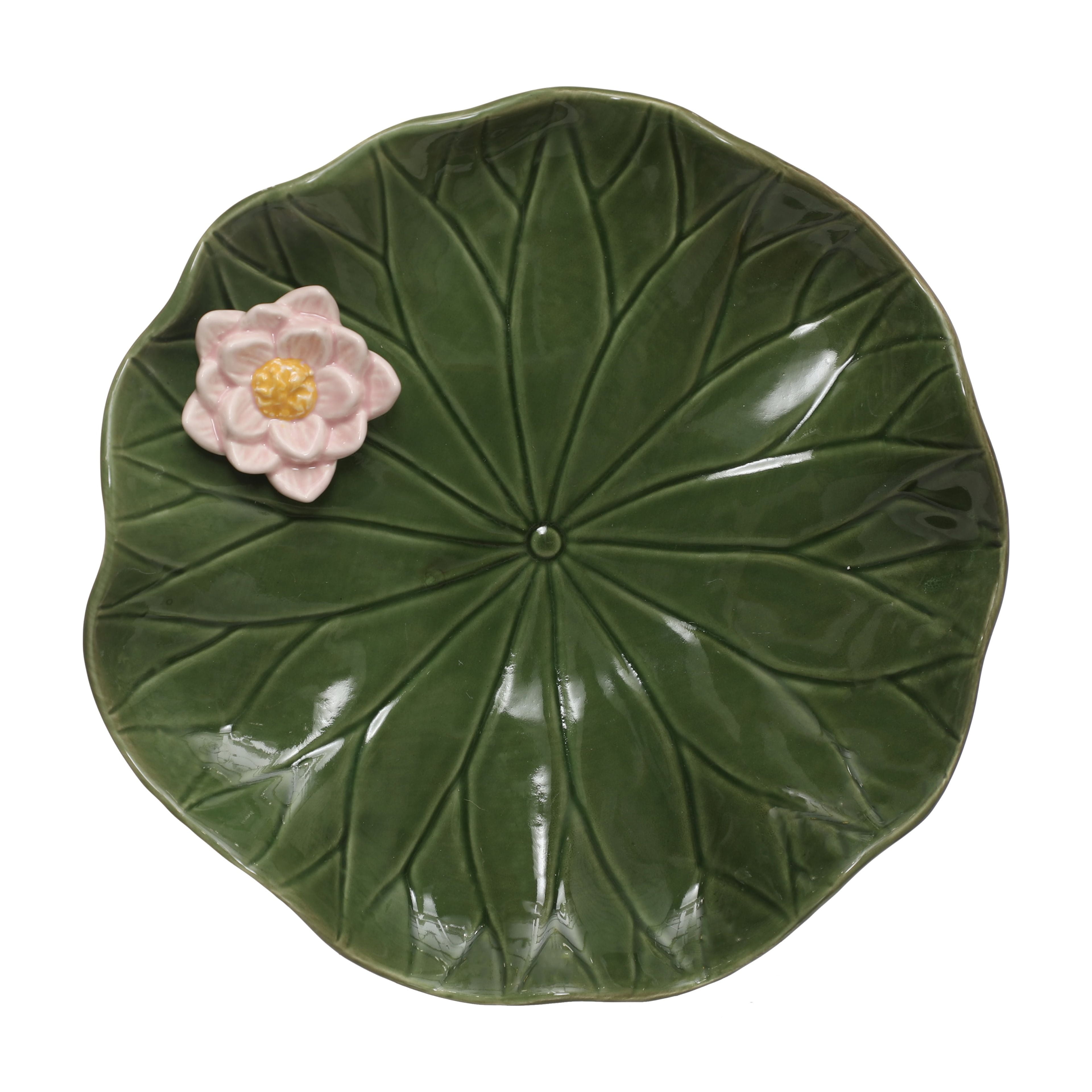 Green Ceramic Lily Pad Plate with Pink Flower Accent