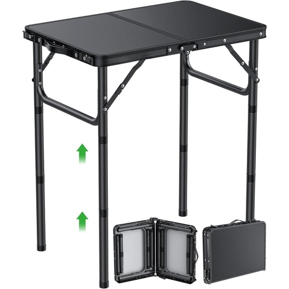 2ft Folding Camping Table, 3 Adjustable Height Lightweight Folded Picnic Table, Portable Grill Table for Camping, BBQ, Outdoor, 22.8" L x 15.7" W, Black