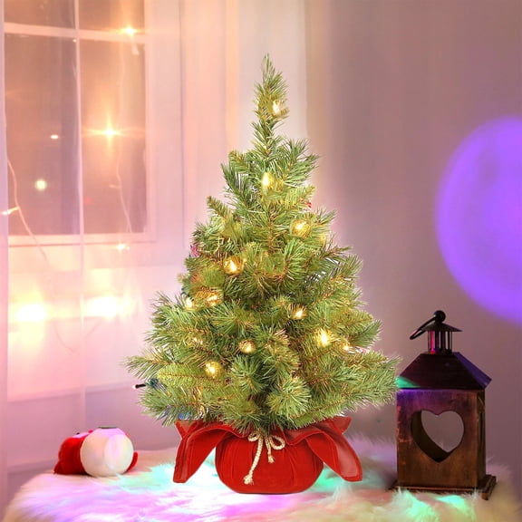 2ft Mini Christmas Tree with Lights, Tabletop Christmas Tree with LED Lights for Indoor Christmas Decorations Holiday Party Ornagment, Christmas Centerpieces for Tables(Red)
