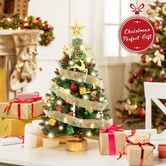 2ft Mini Christmas Tree - Small Prelit Tabletop Tree with Lights, Compact Xmas Tree for Desk, Living Room, Bedroom & Office, Festive Holiday Table Decor, 23.62in/60cm, Colours
