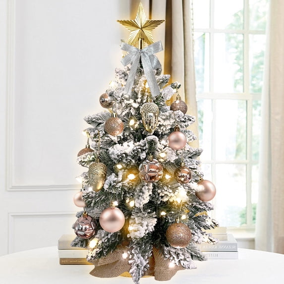 2ft Mini Christmas Tree, Tabletop Xmas Tree with Light, Decoration, Flocked Snow, Top Star, Christmas Decor & Xmas Ornaments for Home & Office, Gold