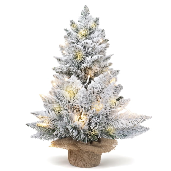 2ft Pre-Lit Flocked Christmas Tree with LED Lights White Tabletop Xmas Tree 24 Inch