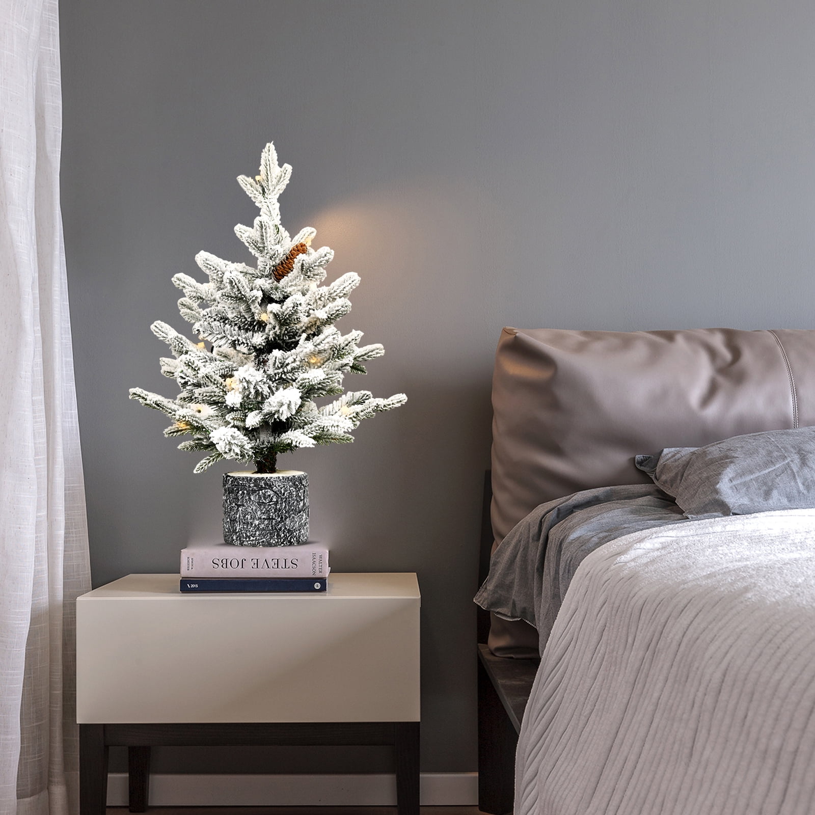 2ft Prelit Flocked Christmas Tree with 30 LED Lights Pine Cones Pot Base Tabletop Decor