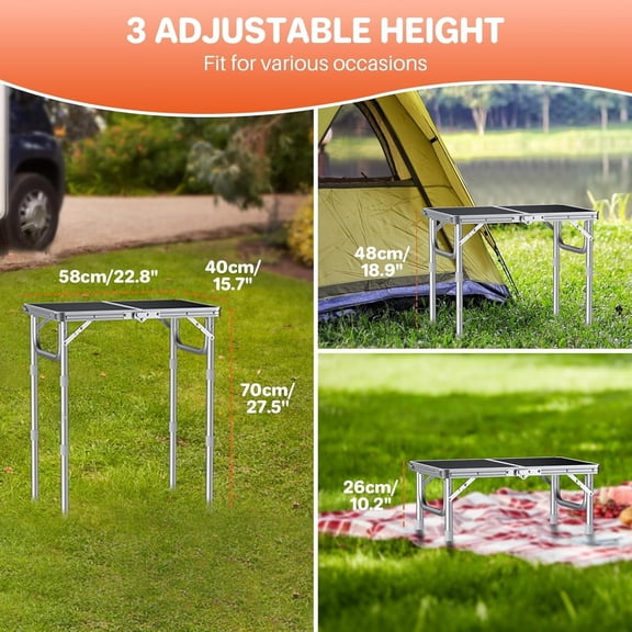 2ft Small Folding Camping Table, 3 Height Adjustable Portable Picnic Table, Lightweight Aluminum Outdoor Tables with Carry Handle for Camping, Picnic, BBQ, 58x40cm(L22.8 xW15.7), Silver