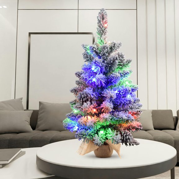 2ft Tabletop Mini Christmas Tree, Pre-lit Artificial Little Christmas Tree with 4 Colors Lights, Small Christmas Tree White Pine Cone Ornaments Burlap Base for Christmas Home Indoor Decorations