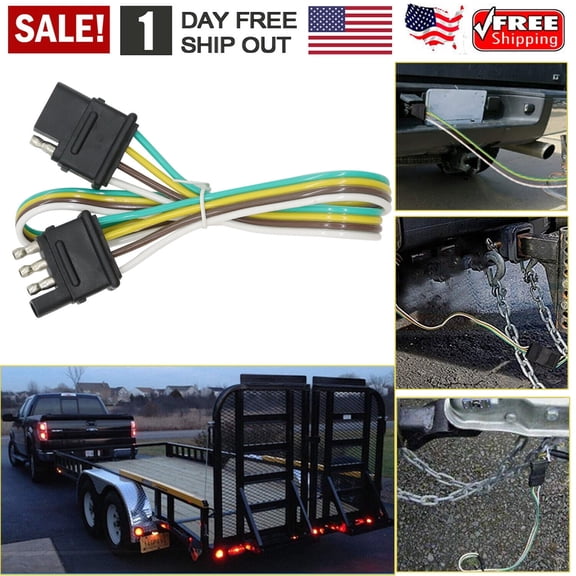 2ft Trailer Light Wiring Harness Extension 4-Pin Plug 18 AWG Flat Wire Connector Kit