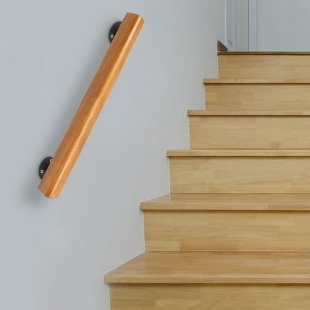 2ft Wood Handrails for Indoor Stairs, Wall Mount Stair Handrails,Safety Non-Slip Stair Railing,Professional Pine Handrails Support Rod Complete Kit with 2 Metal Handrail Brackets