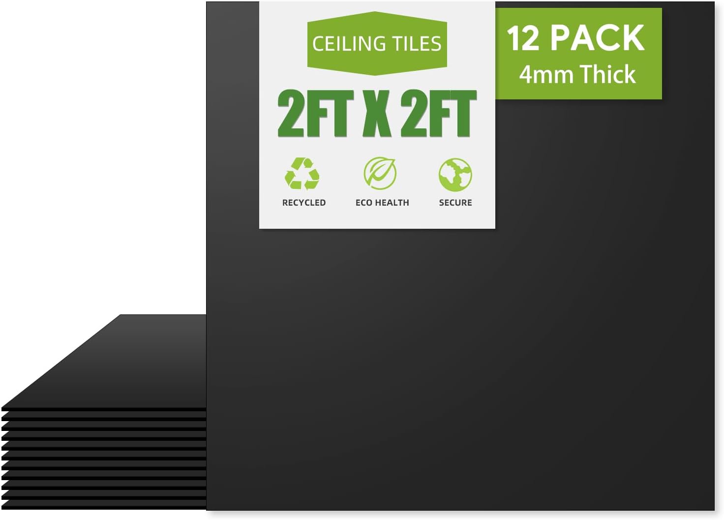 2ft x 2ft Drop Ceiling Tiles，Smooth Black PVC Ceiling Tiles 24 x 24in. Waterproof, Washable and Fire-Rated - Reusable - High-Grade PVC to Prevent Breakage-Package of 12 Tiles