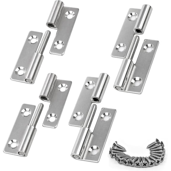2in Lift Off Hinges 4Pack, 304 Stainless Steel Small Cabinet Hinges, Pin-on-Right Removable Butt Hinges for Wooden Box, Tool-Free Hinge for DIY & Electronics Enclosure (Silver, 16 Screws)