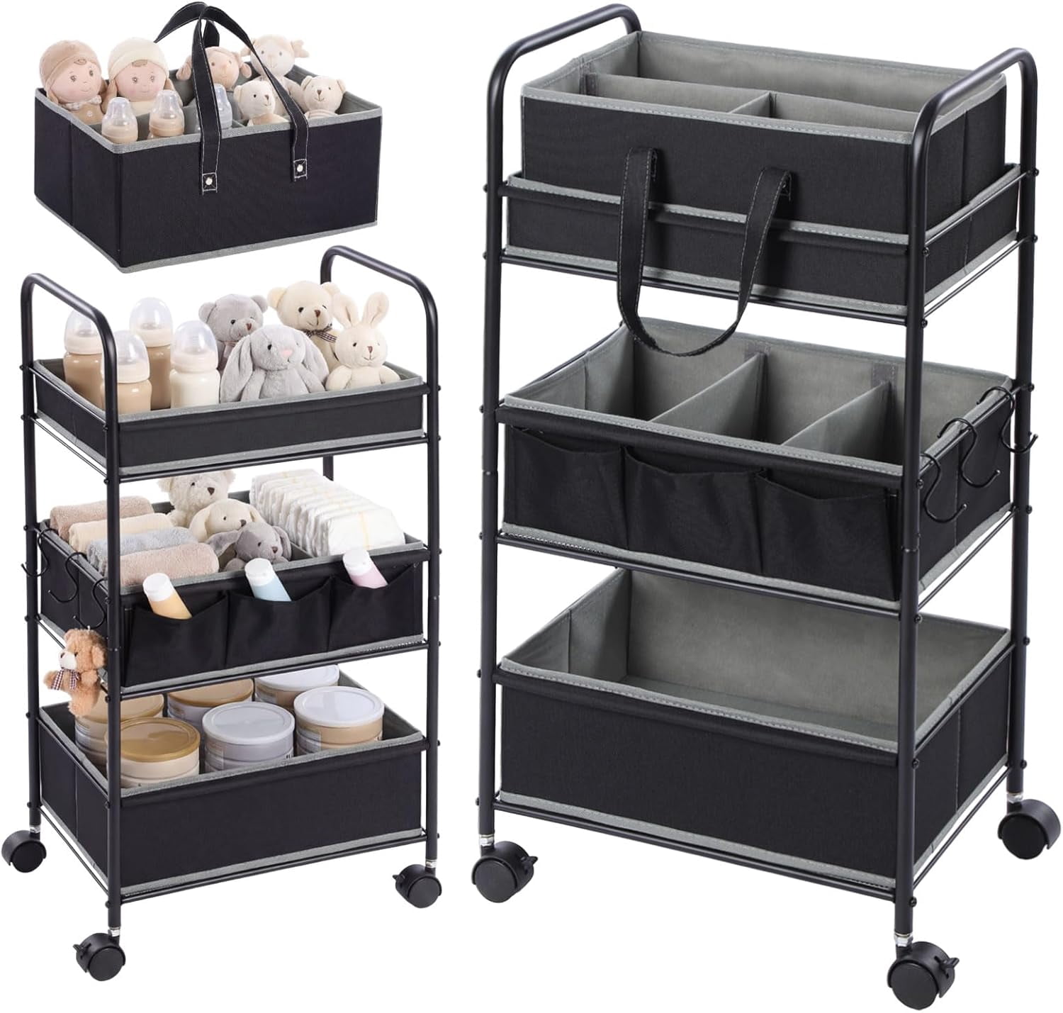 2in1 Baby Diaper Caddy Organizer Cart 3 Tier Large Capacity Metal Utility Bedside Rolling Cart with Divider for Newborn Nursery Essential Must Have for Crib Bedroom Baby Shower(Black)