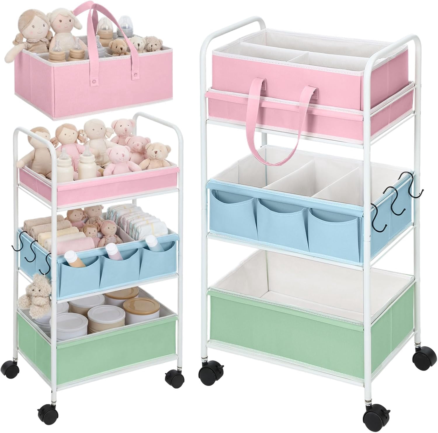2in1 Baby Diaper Caddy Organizer Cart 3 Tier Large Capacity Metal Utility Bedside Rolling Cart with Divider Newborn Registry Nursery Essential Must Have Crib Bedroom Baby Shower(Colorful)