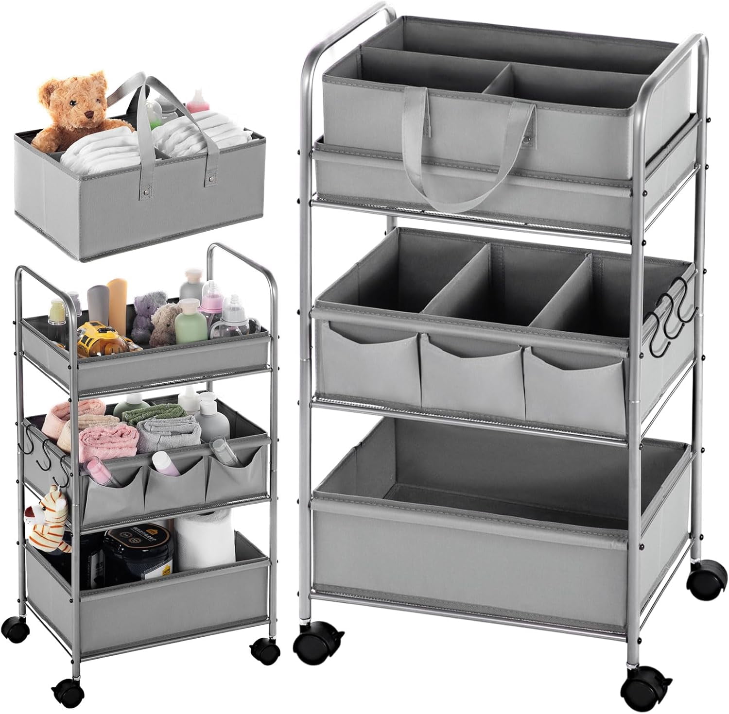 2in1 Baby Diaper Caddy Organizer Cart 3 Tier Large Capacity Metal Utility Bedside Rolling Cart with Divider Newborn Registry Nursery Essential Must Have Crib Bedroom Baby Shower(Gray)