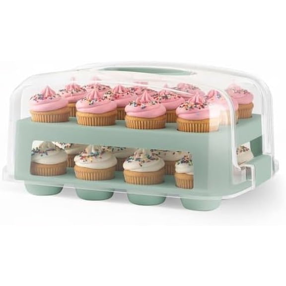 2in1 Cupcake Carrier and Cake Keeper with Lid - Holds 12 Cupcakes, Sturdy BPA-Free Cupcake Box with Secure Side Closures, Dishwasher Safe, Portable Dessert Storage Container, Green