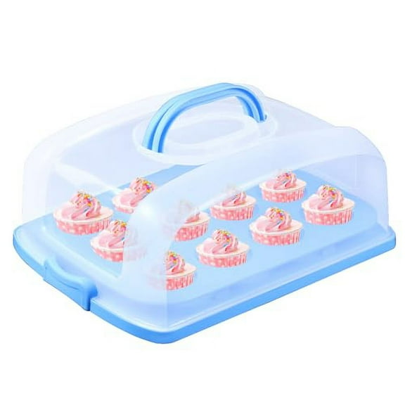 2in1 Cupcake Carrier and Cake Keeper with Lid, Rectangle Pie Carrier,Large Portable Storage Container for Storing 12 Cupcakes or 1 Large Cake (Blue)