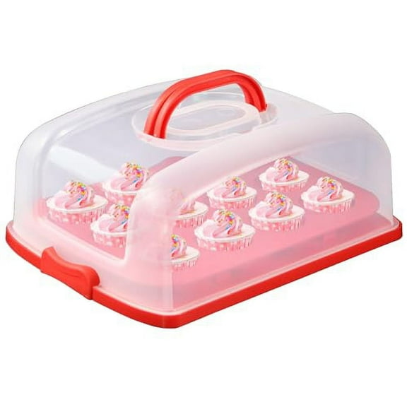 2in1 Cupcake Carrier and Cake Keeper with Lid, Rectangle Pie Carrier,Large Portable Storage Container for Storing 12 Cupcakes or 1 Large Cake (Red)