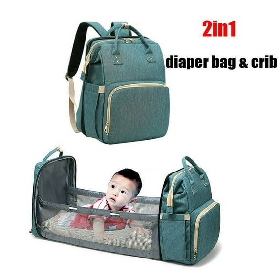 2in1 Diaper Bag Backpack, Baby Portable Bed Diaper Bag Mummy Bag Backpack & Multifunctional Travel Crib Bag(Green) for Mom Dad Maternity