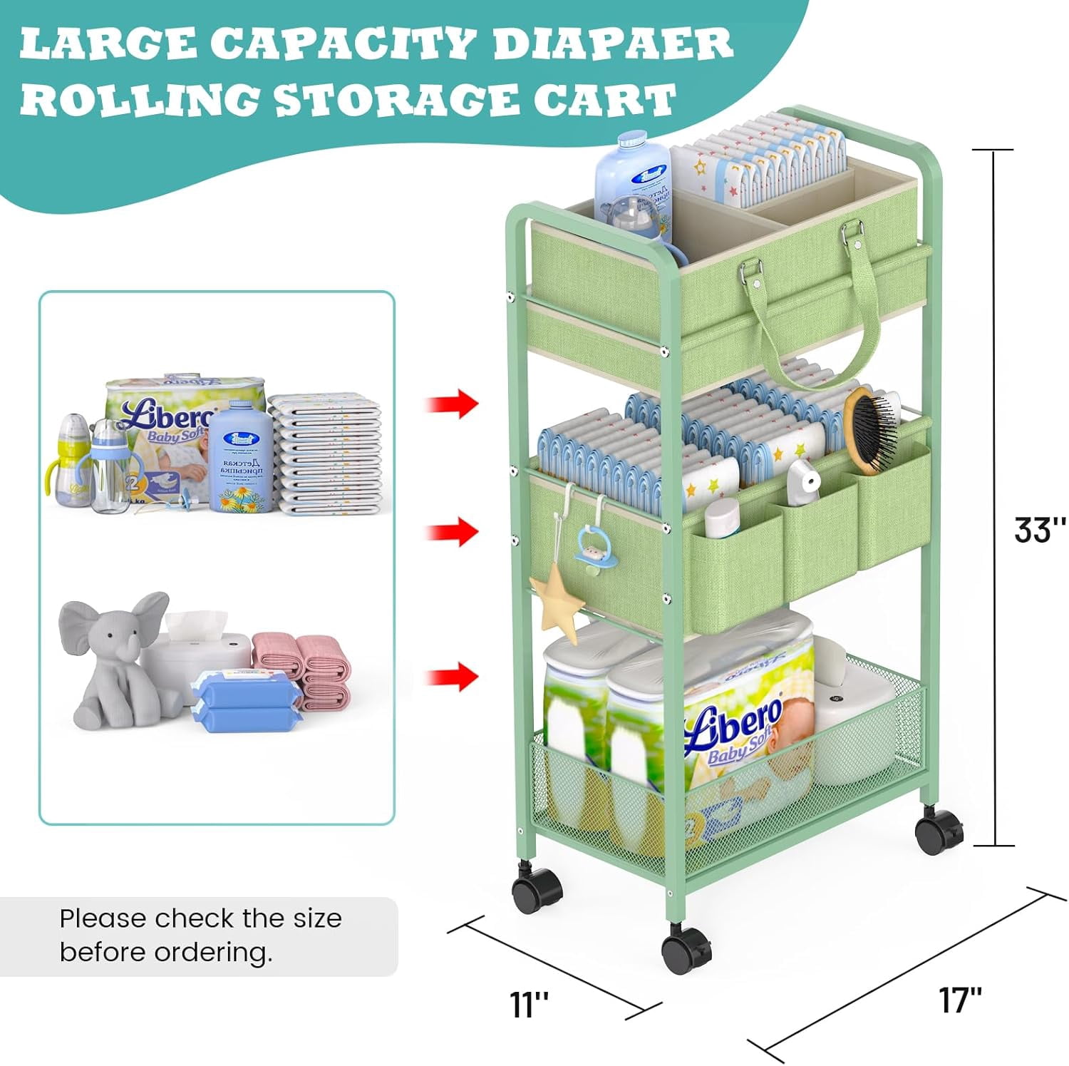 2in1  Diaper Caddy Organizer Cart, 3-Tier Rolling Cart, Metal Diaper Caddy Carts, Bedside Carts for Nursery Essentials Storage, Detachable Dividers, Large Capacity, Green